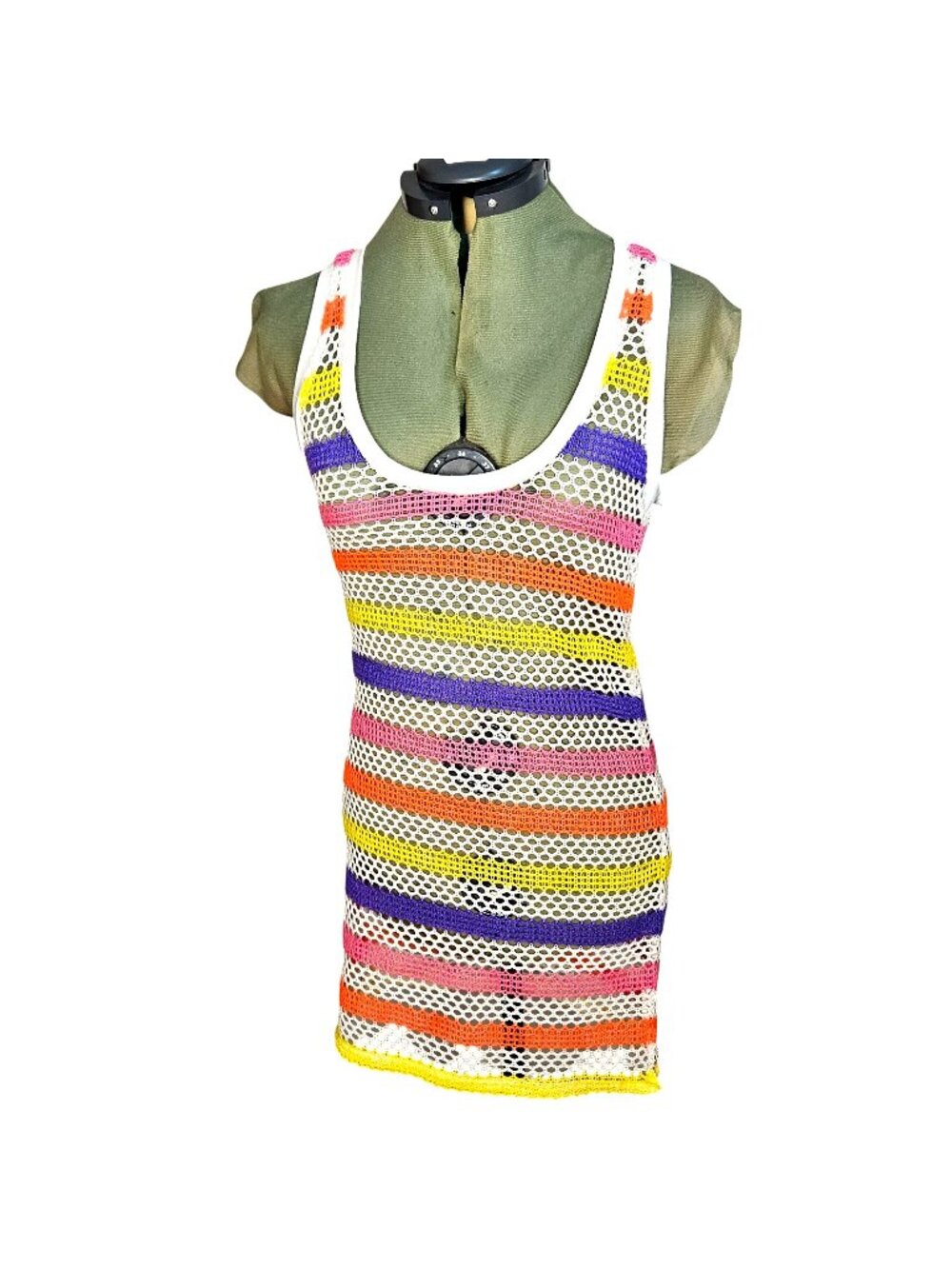 Juniors y2k open knit rainbow stripe halter top racer back swimsuit cover S XS